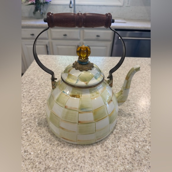 MacKenzie-Childs Parchment Check 3 quart Teapot with Crown Handle